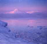 Mt. Discovery at sunrise in mist McMurdo Sound Antarctica